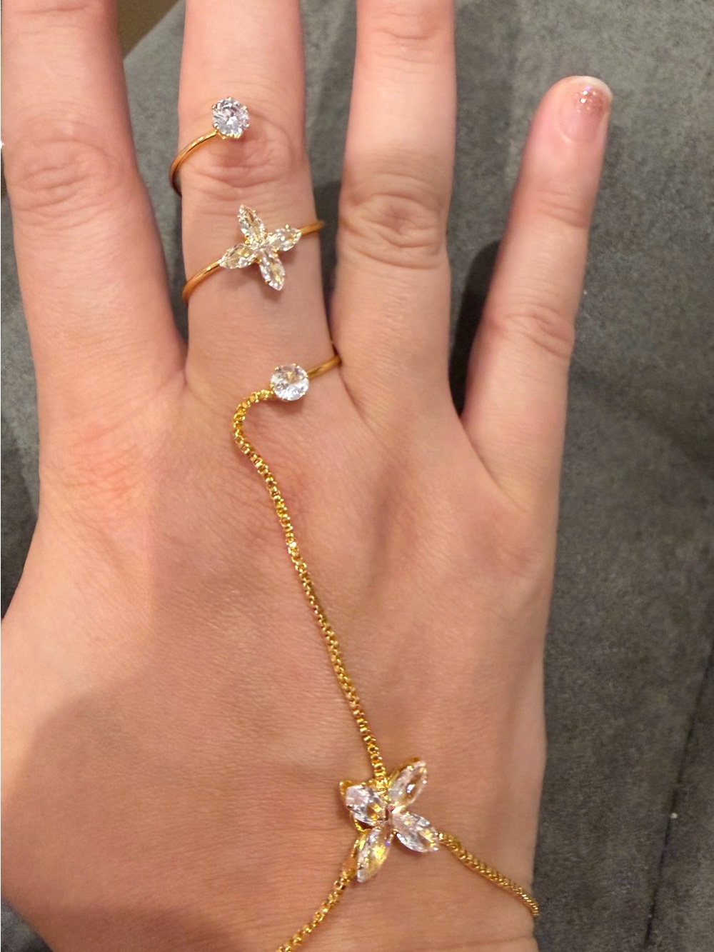 Gold-Tone Crystal Flower Hand Chain Bracelet with Ring